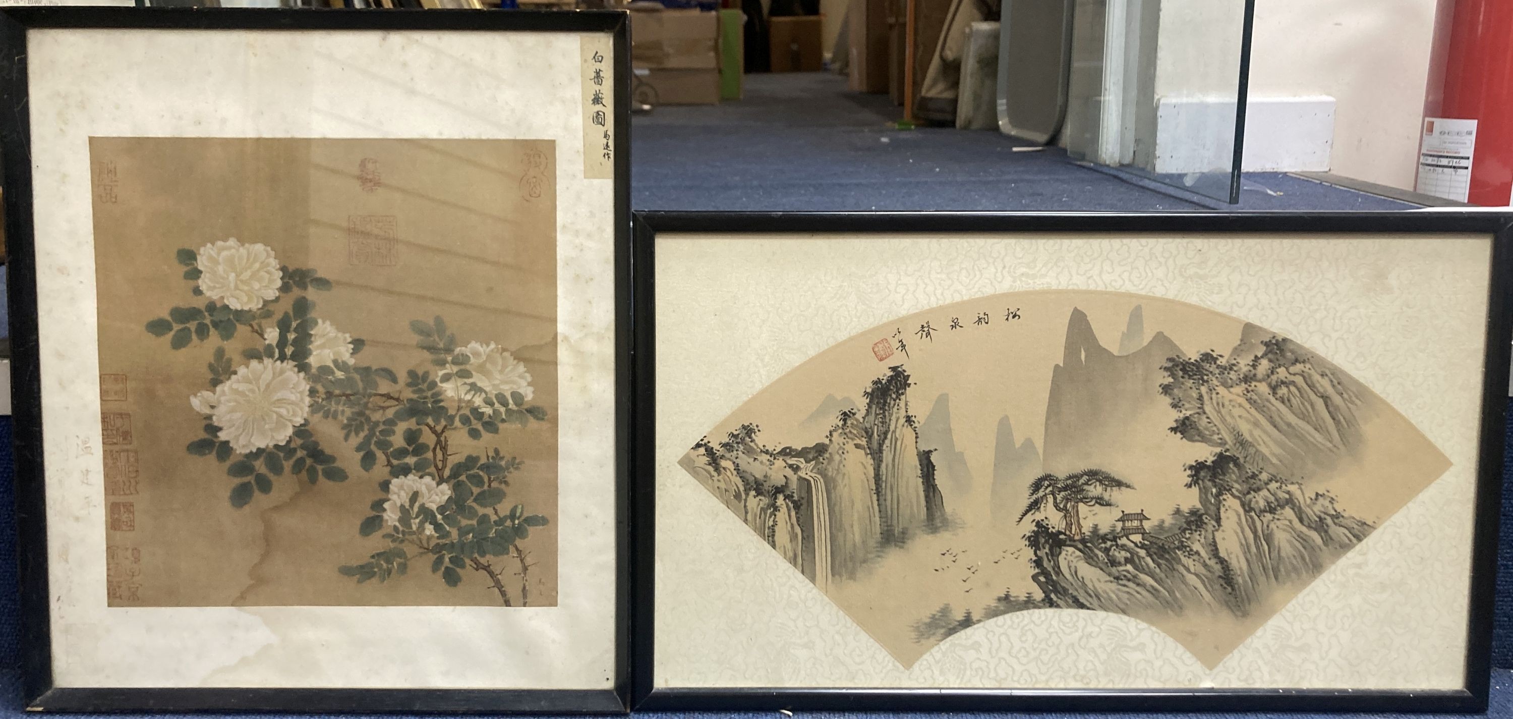 A Chinese painted fan leaf depicting a mountain scene, 43 x 21cm and a Chinese picture of peonies